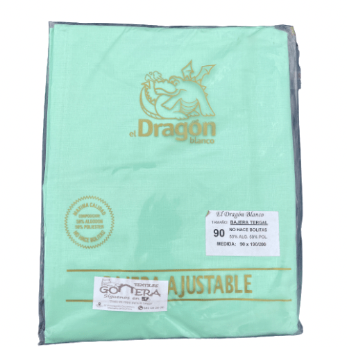 Sábana bajera algodón Dragón-Blanco Verde 2 Sábana bajera algodón Dragón-Blanco Verde, con cuatro puntos de ajustes, para altura colchón +/- 28 cm. Fabricada en tela 50% algodón 50% poliéster.