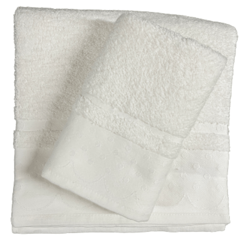 Toalla Algodón Topos Blanca 500Gr 3 Toalla Algodón Topos Blanca de algodón peinado 100%, con un grosor de 500gr/m2 de rizo americano, aporta una rápida absorción y tacto suave.