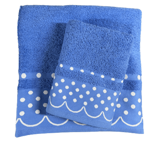 Toalla Algodón Topos Azul 500Gr 2 Toalla Algodón Topos Azulde algodón peinado 100%, con un grosor de 500gr/m2 de rizo americano, aporta una rápida absorción y tacto suave.