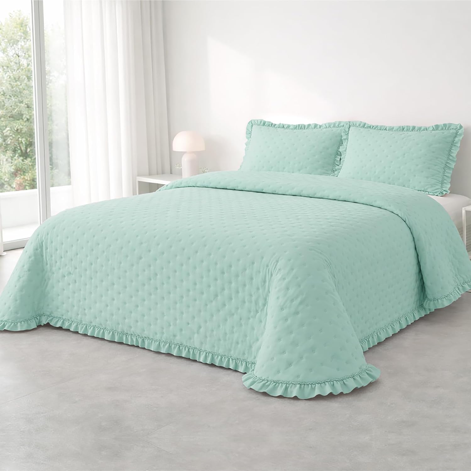 Colcha con Volante Marina aqua – Elegancia y frescura para tu dormitorio 1 Colcha con Volante Marina aqua